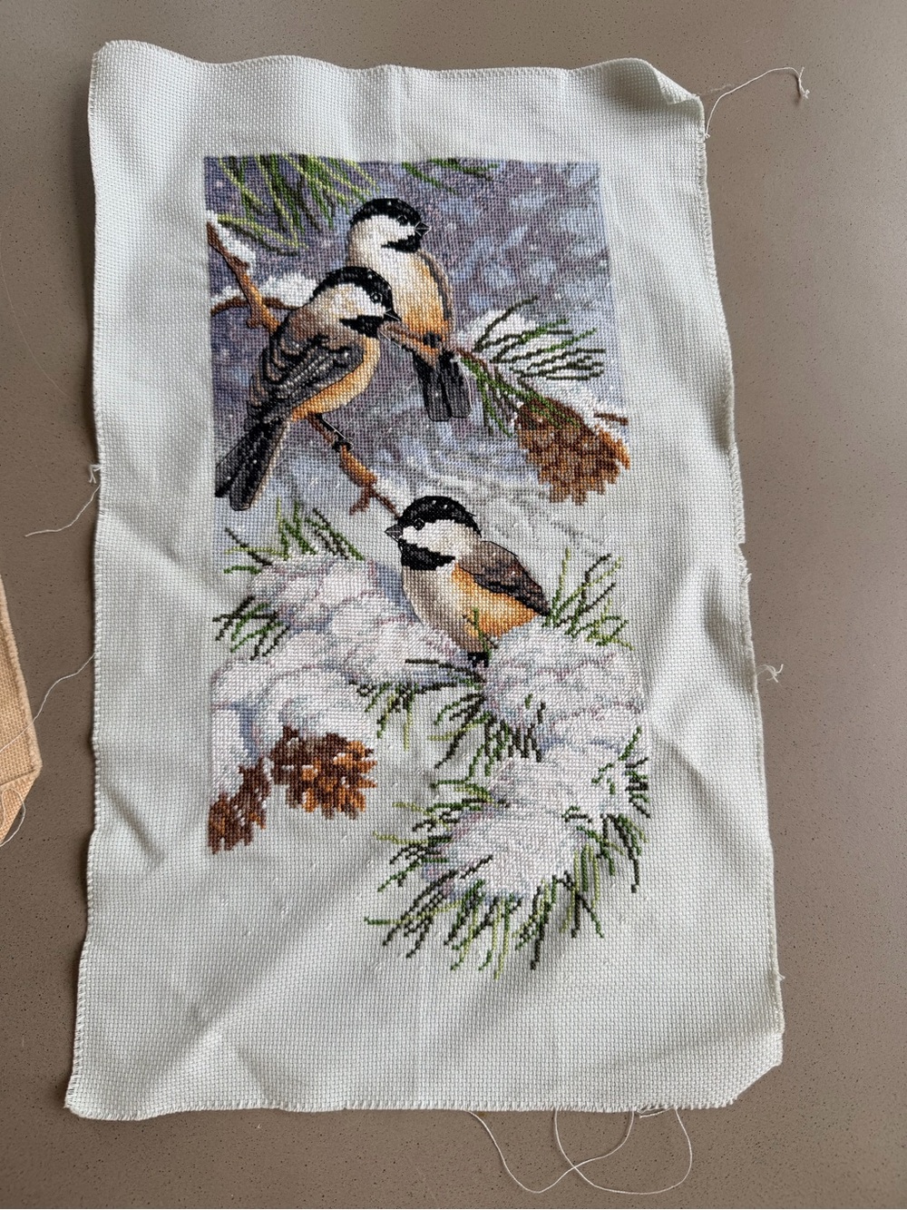 New Handmade Cross Stitch Chickadee Panel in White, Black & Brown